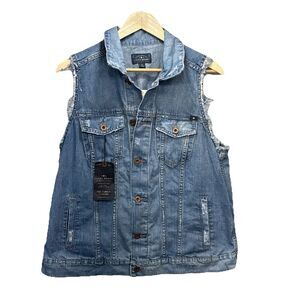 Lucky Brand Tomboy Trucker Vest Womens 1X Denim Button Front Distressed Blue NWT
